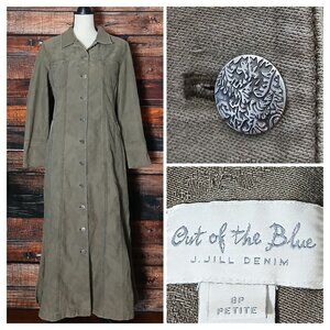 J Jill Out Of The Blue Maxi Denim Duster Jacket 8P Olive Green Cotton Jacquard